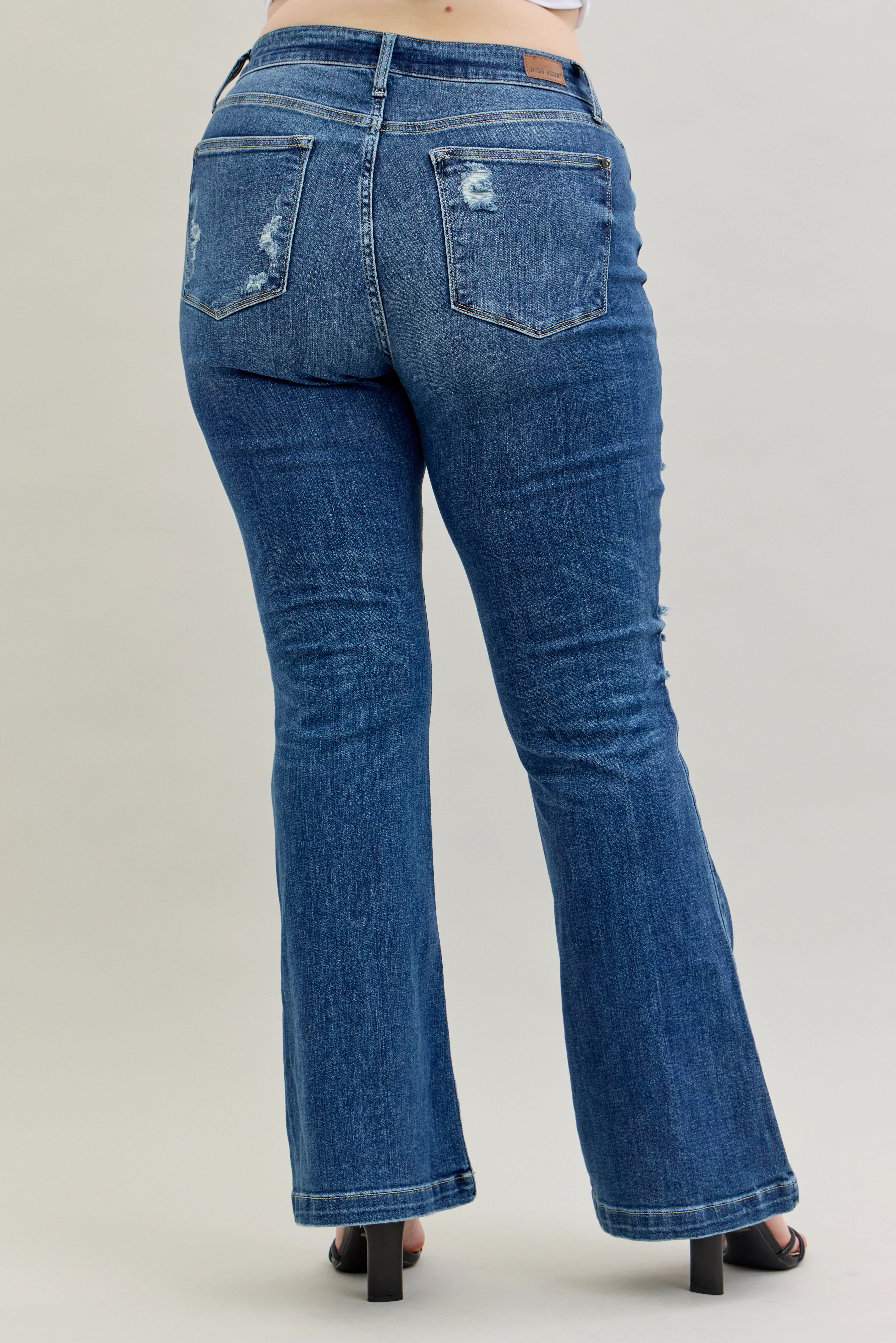 Judy Blue Dark Wash Mid-Rise Button Fly Destroyed Jeans
