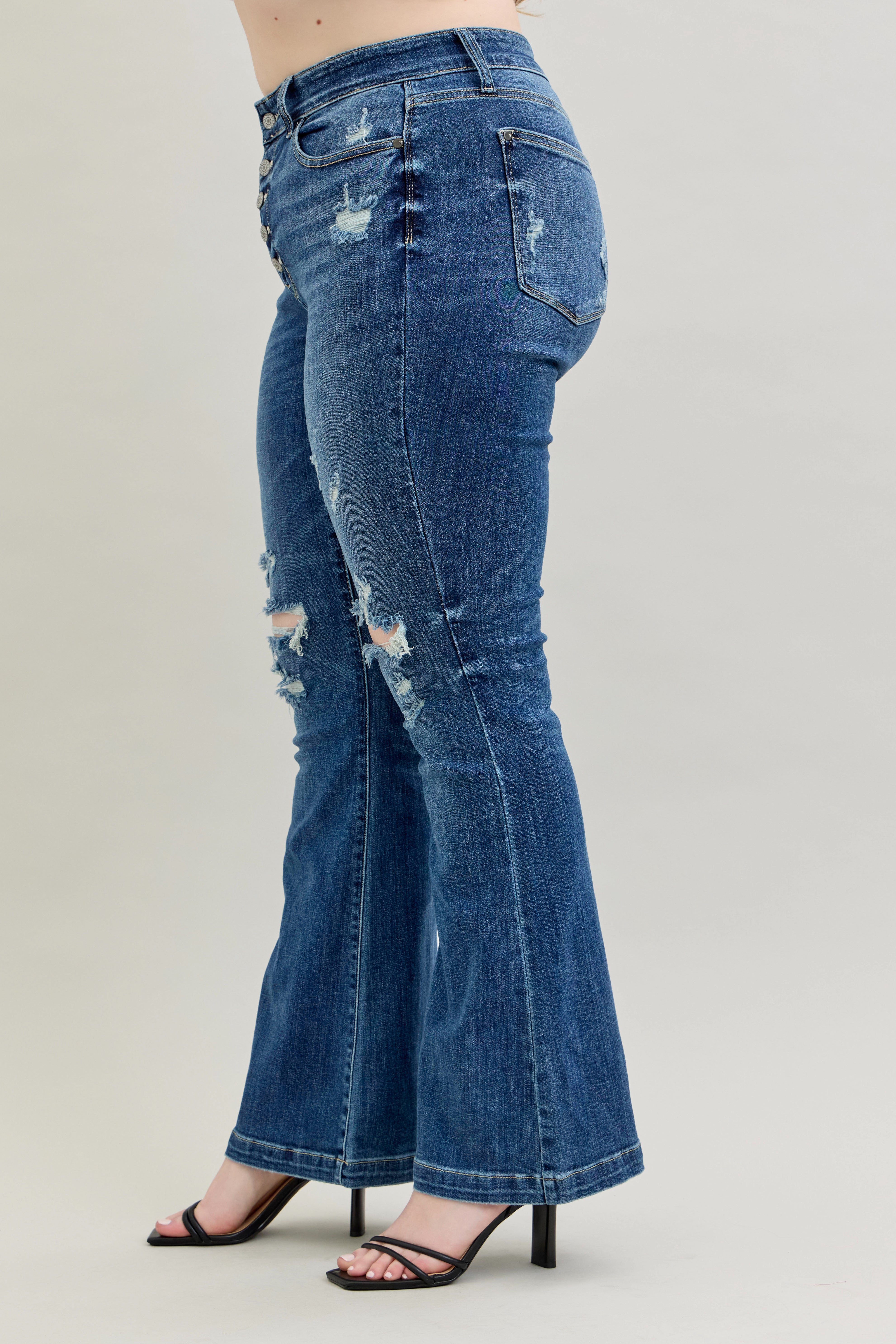 Judy Blue Dark Wash Mid-Rise Button Fly Destroyed Jeans