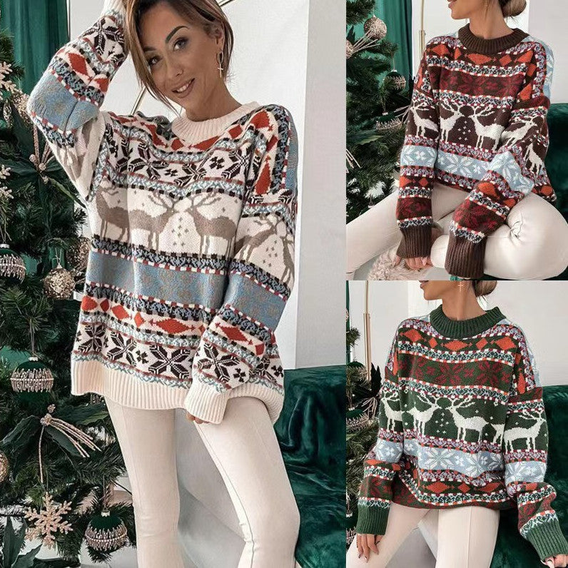 Round Neck Loose Christmas Theme Jacquard Long Sleeve Sweater