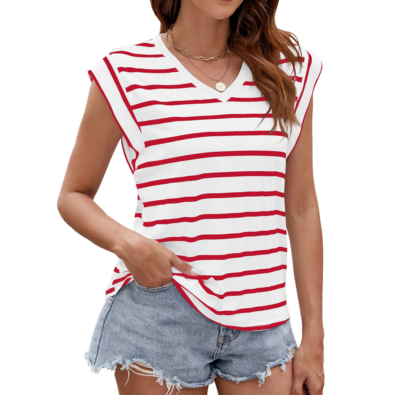 Stripe Print V-neck Short-sleeved T-Shirt