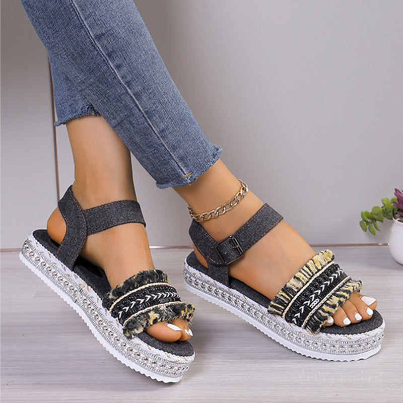 Tassel Denim Sandals With Thick-soled, Flat Heel, Hemp Rope Sole Ethnic Style Shoes