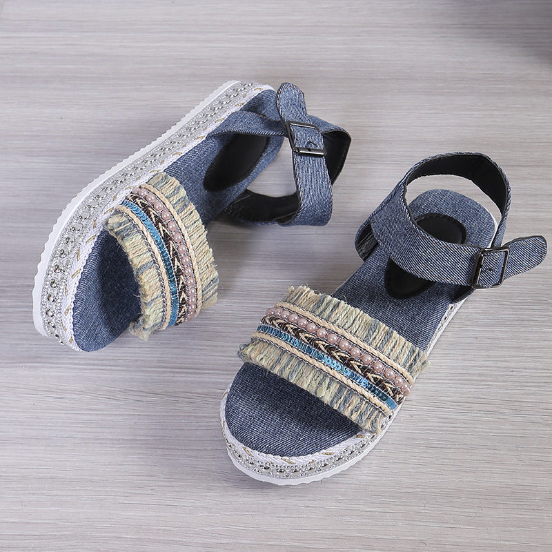 Tassel Denim Sandals With Thick-soled, Flat Heel, Hemp Rope Sole Ethnic Style Shoes