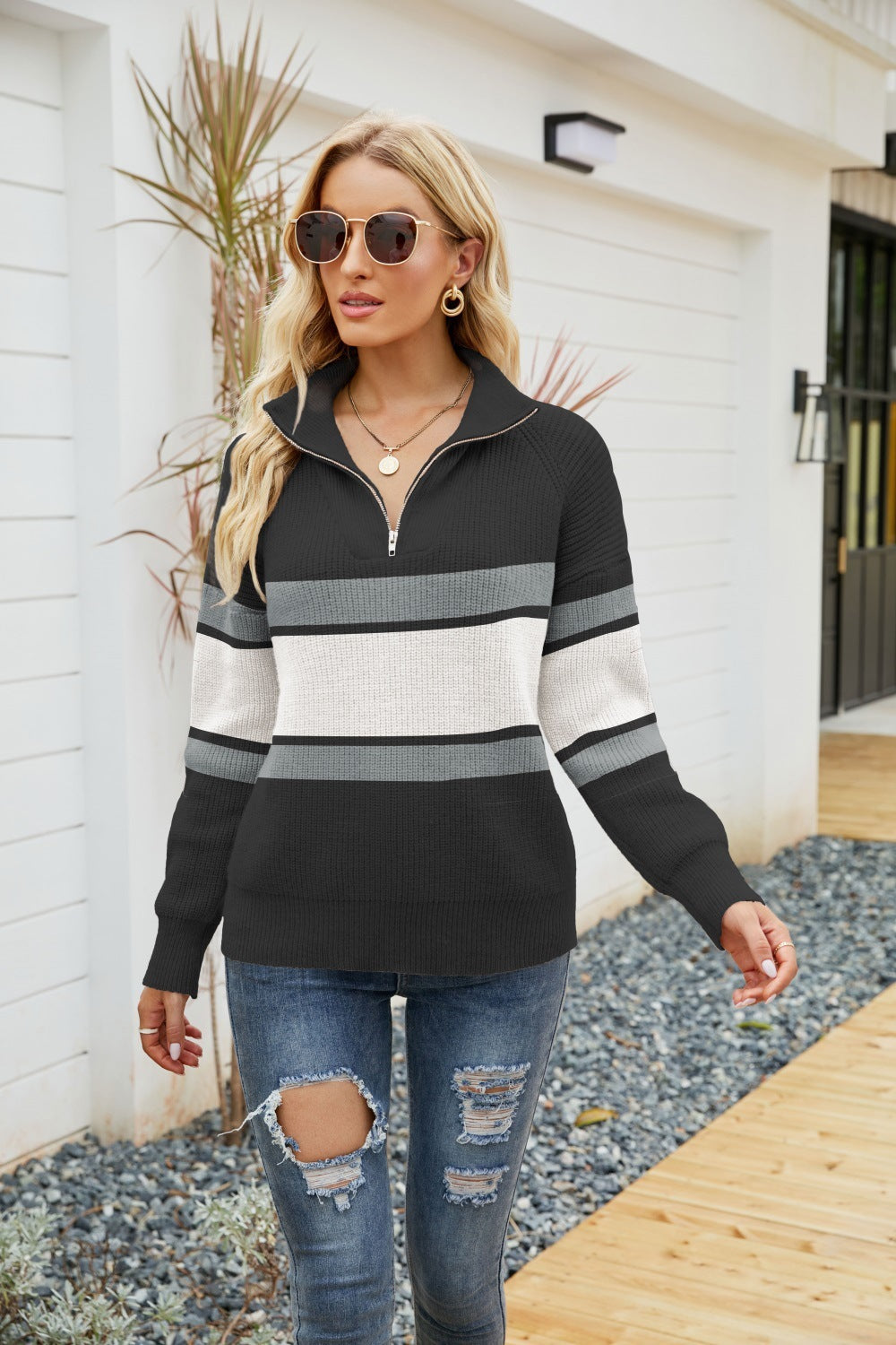 Women's Fashion Striped Colorblock Sweater Long Sleeve Zip