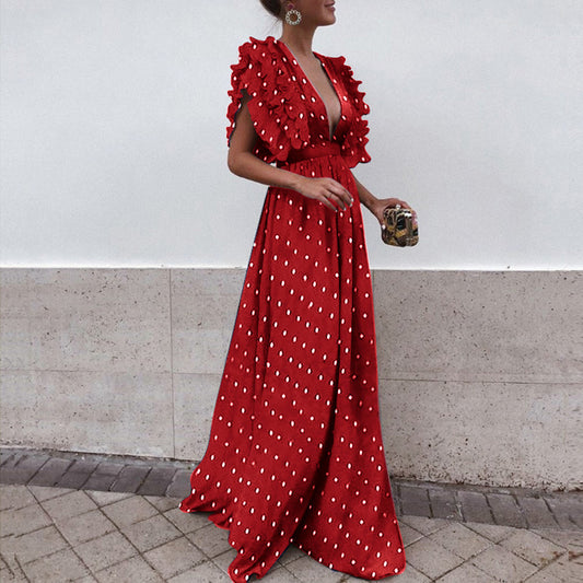 Feifei Sleeve V-Neck Backless Polka-Dot Long Dress