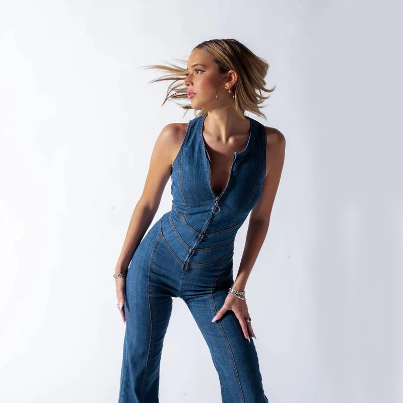 Heart-shape Backless Denim Jumpsuit, Retro Style Clothing