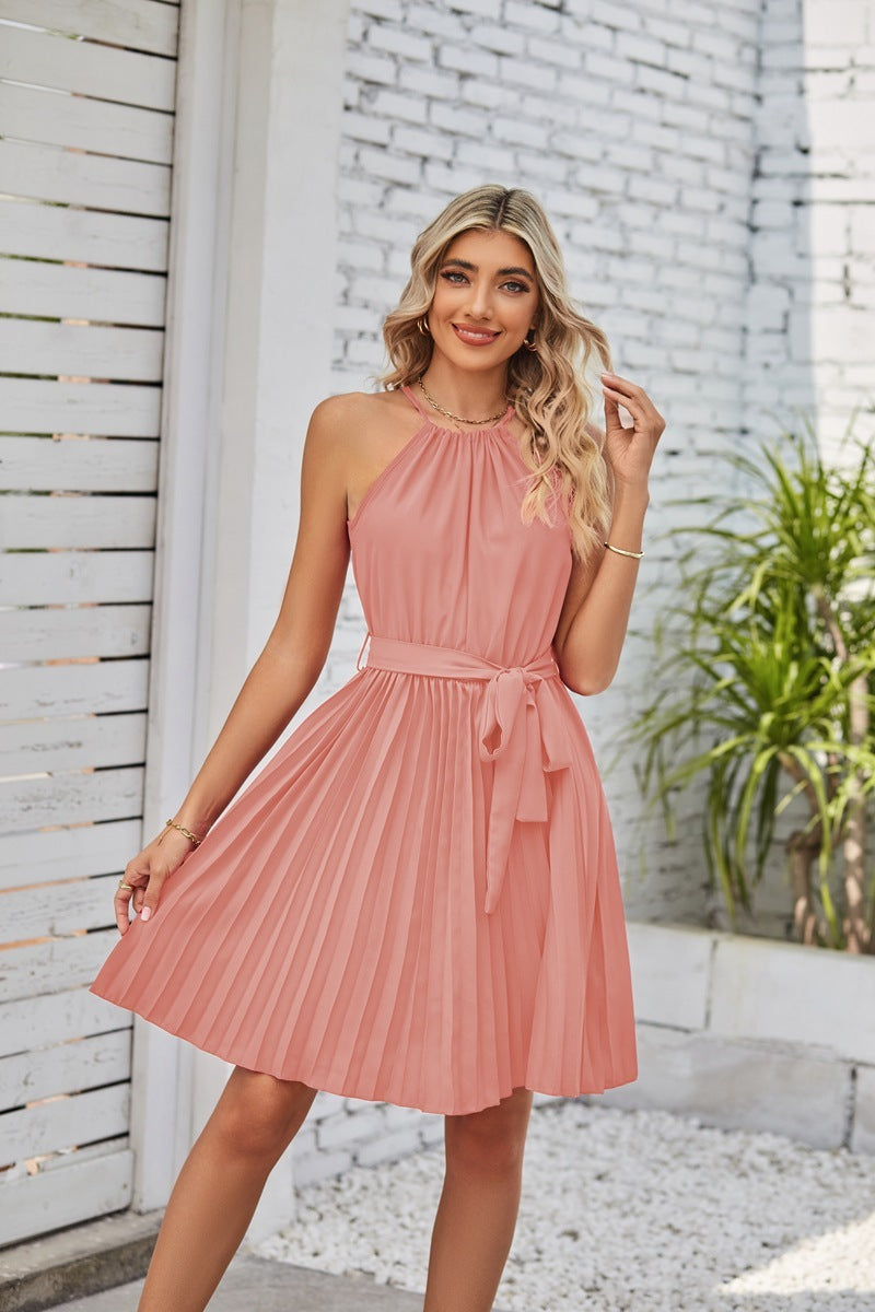 Solid Strapless Halter Pleated Sundress