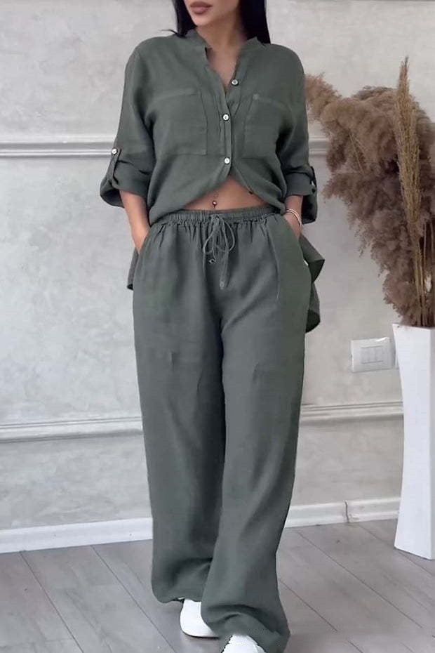 Stand Collar Long Sleeve Casual Top Two-piece Pants Set