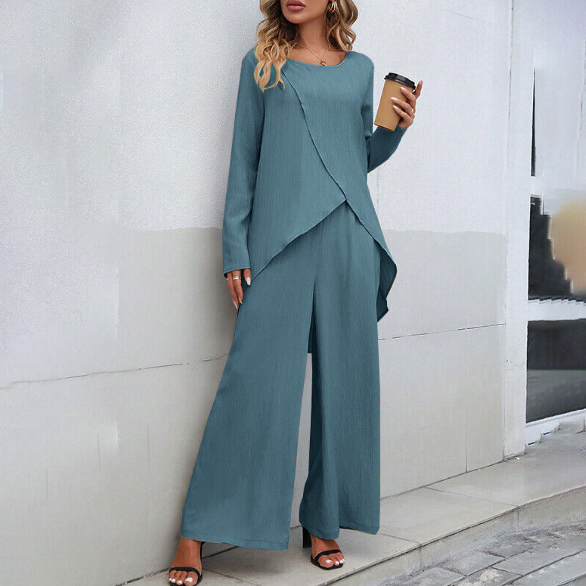 Two-piece Set Long Sleeve Irregular Hem Top Elastic Waist Wide Leg Trousers