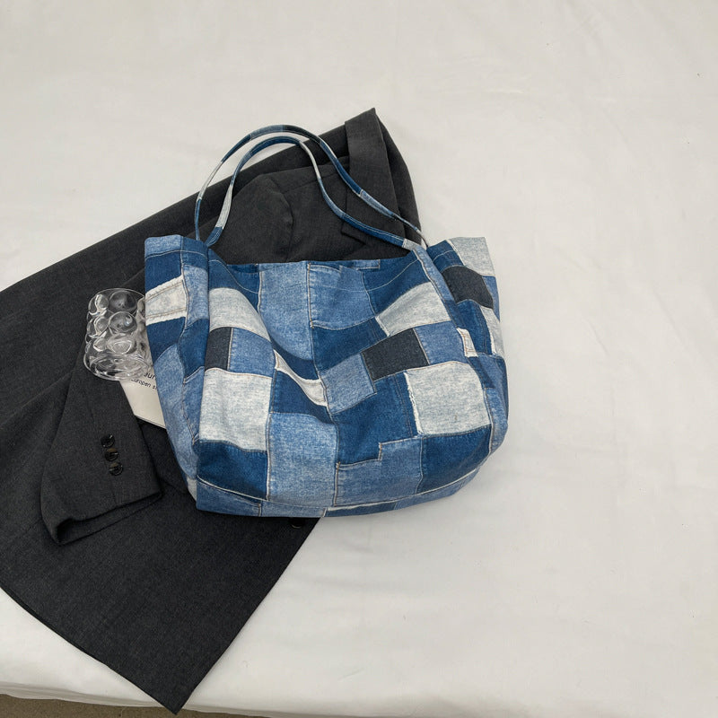 Large Capacity Denim Color-contrast Check Idle Tote Bag