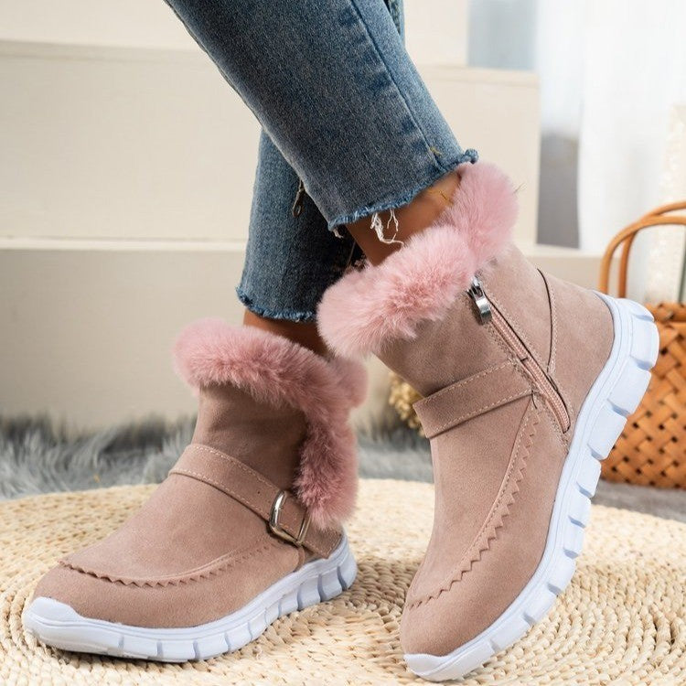 Snow Boots Warm Thick Solid Color Plush Ankle Boots With Buckle Design