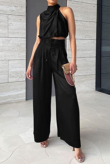 Sleeveless Midriff-baring Top And Wide Leg Pants Set