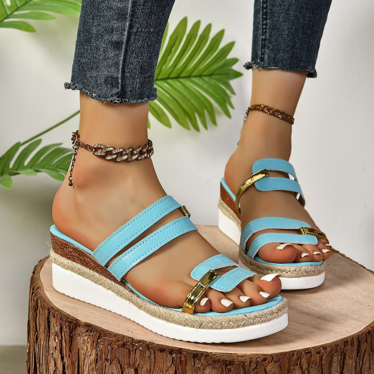 Colorblock-strap Hemp Heel Wedges Sandals