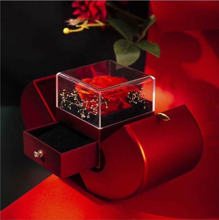 Fashion Jewelry Box Red Apple Necklace Eternal Rose With Artificial Flower Rose Flower Jewelry Box