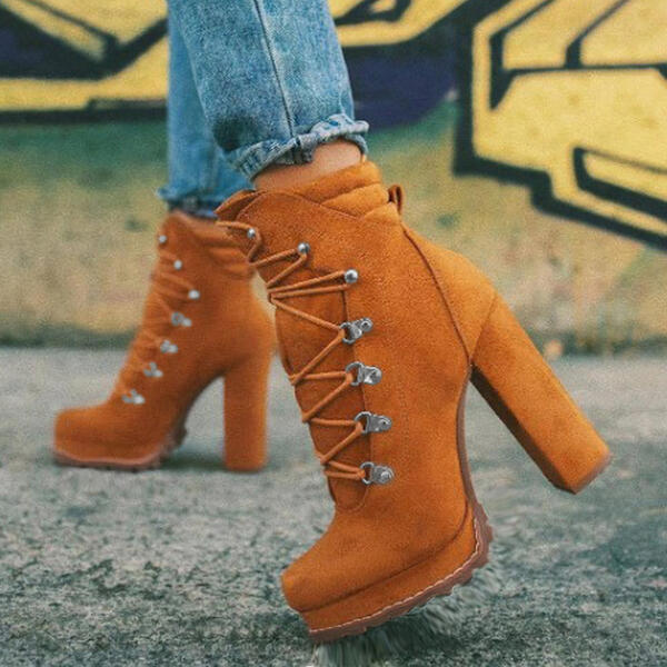 Heeled Round Toe Lace UP High Heel Mid Calf Boots