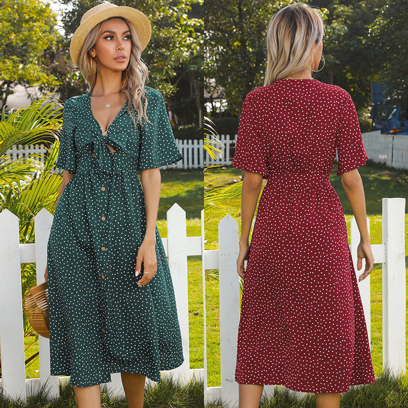 New Style Long Polka-Dot Hollow Lotus Leaf Sleeve Bowknot Dress