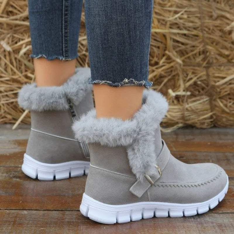 Snow Boots Warm Thick Solid Color Plush Ankle Boots With Buckle Design