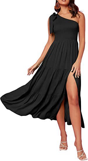 One-shoulder Pleated Layered Hem Split Dress