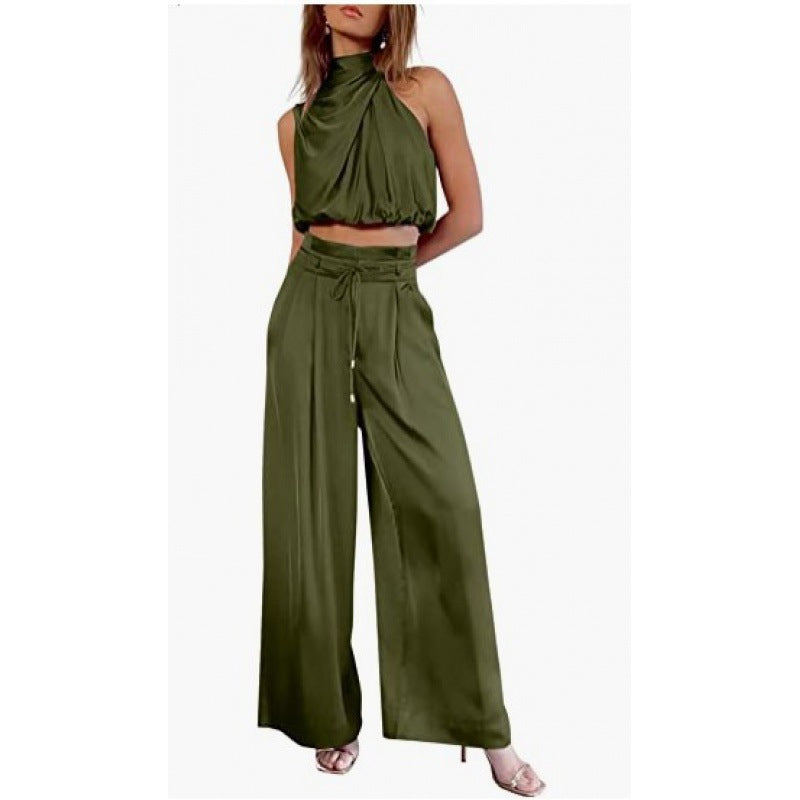 Sleeveless Midriff-baring Top And Wide Leg Pants Set