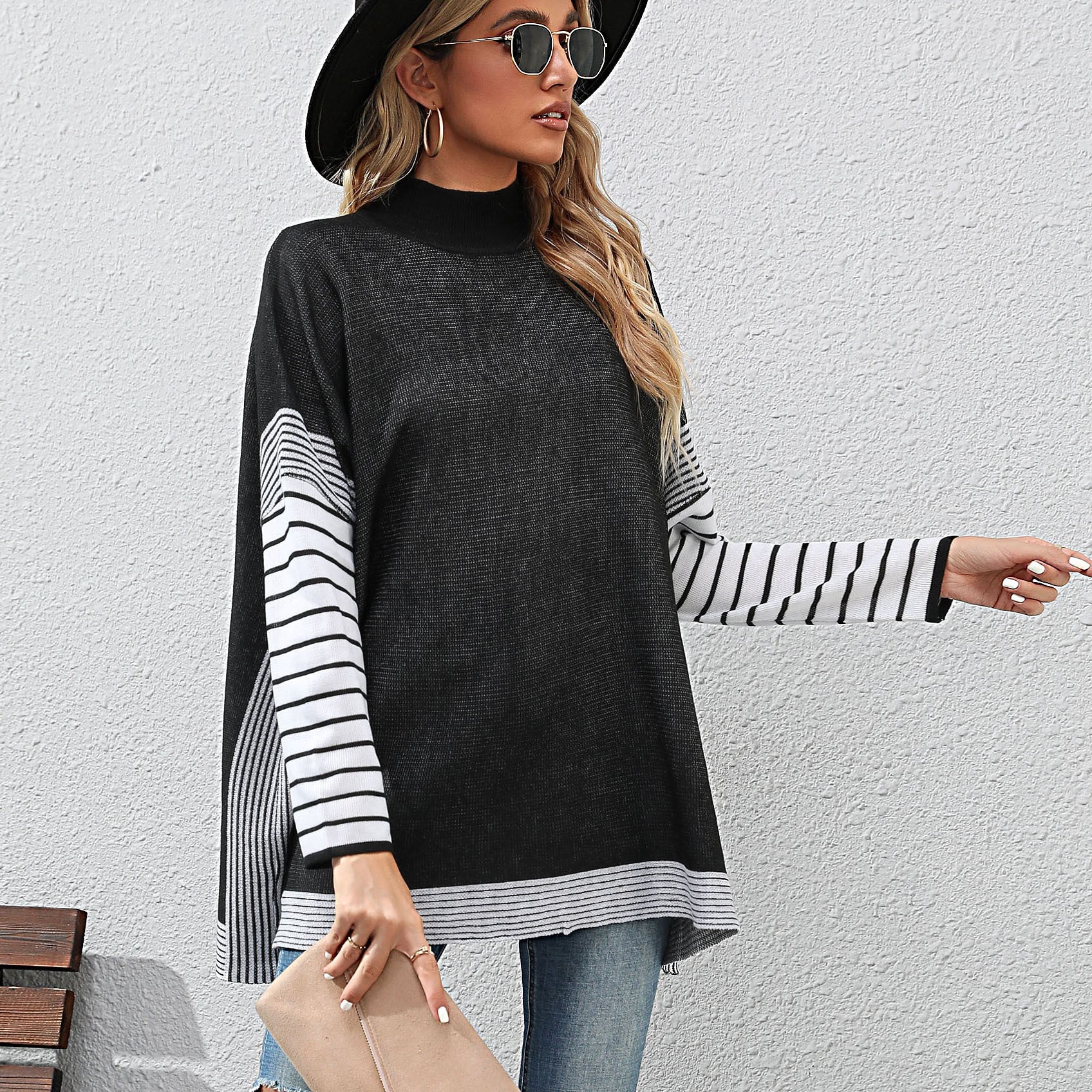 Women's Bat Sleeve Stripe Half High Neck Sweater