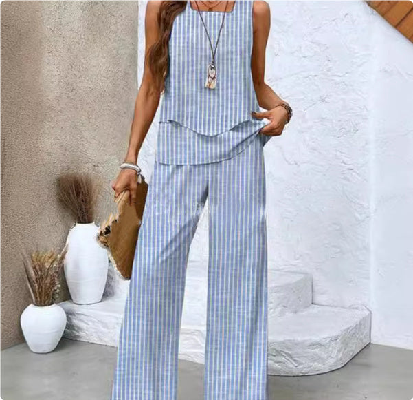 Printed Sleeveless Double-layer Vest And Loose Straight Pants Suit