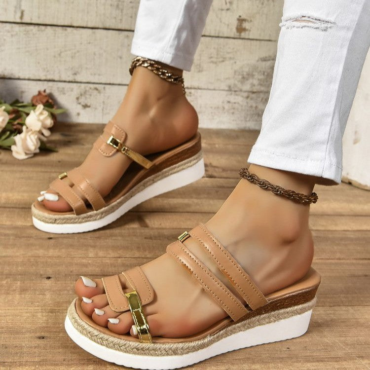 Colorblock-strap Hemp Heel Wedges Sandals