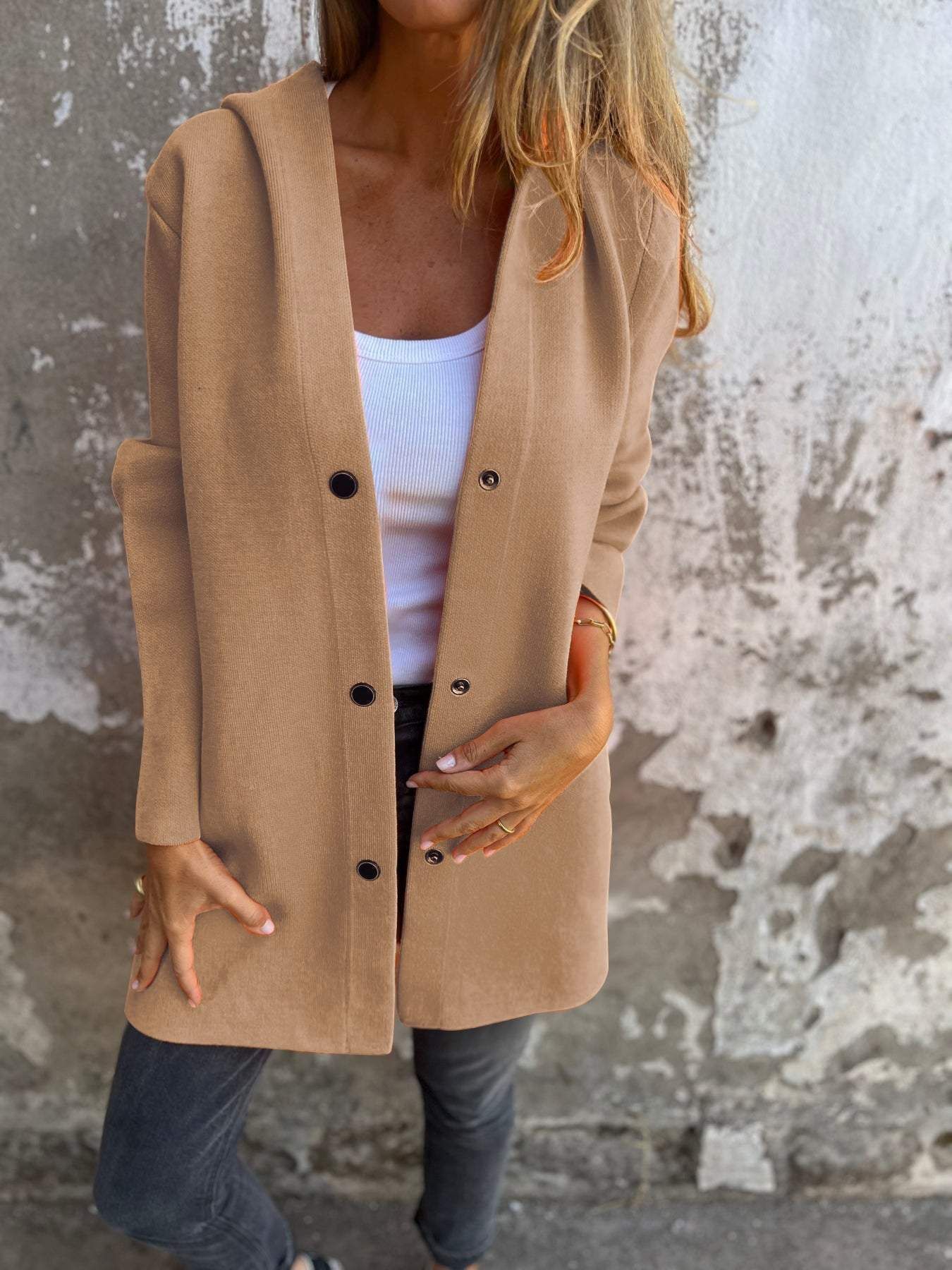 Casual Hooded Single-Breasted Cardigan Solid Color Jacket