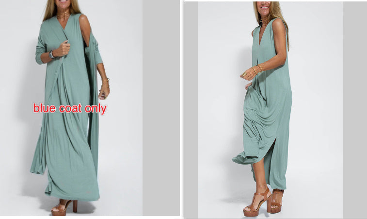 Solid Color V-neck Sleeveless Long Dress