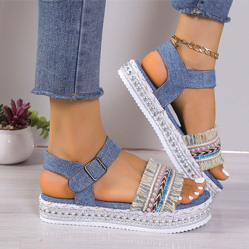 Tassel Denim Sandals With Thick-soled, Flat Heel, Hemp Rope Sole Ethnic Style Shoes