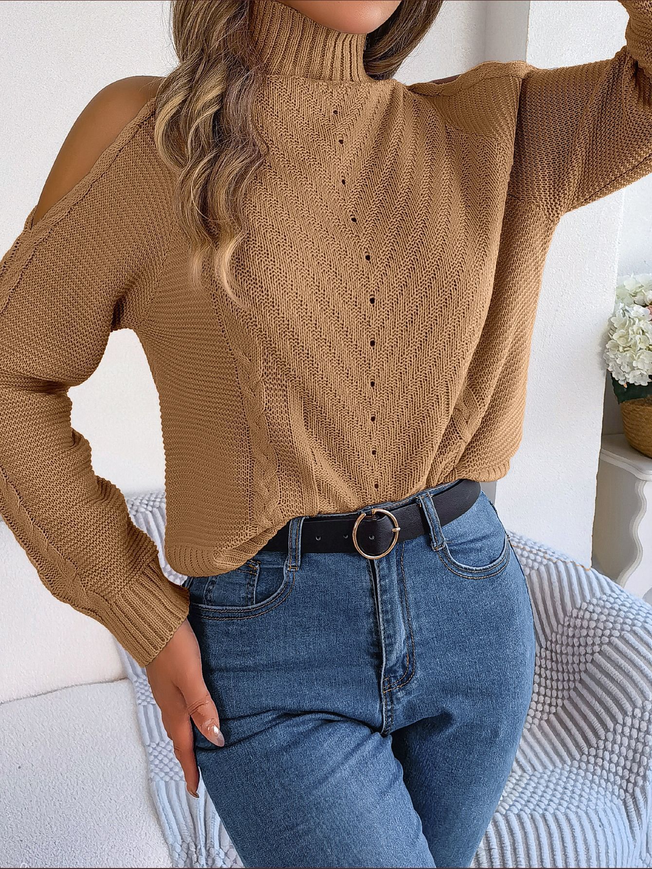 Off-the-shoulder Turtleneck Hollow-out Long Sleeve Knitted Pullover Sweater