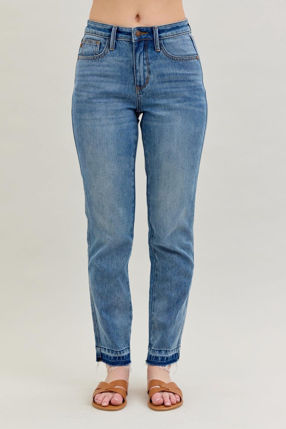 Judy Blue Mid Rise Rigid Magic Release Hem Boyfriend Denim Jeans