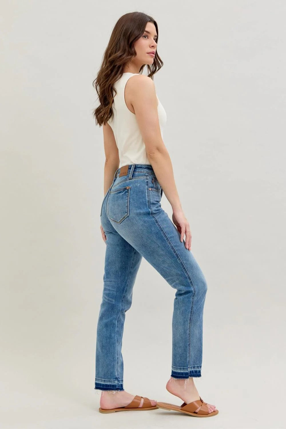 Judy Blue Mid Rise Rigid Magic Release Hem Boyfriend Denim Jeans