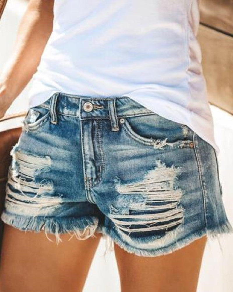 Ripped Fringed Denim Shorts