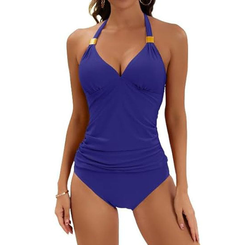 Pure Color Halter Split Tie Two Piece Swimsuit