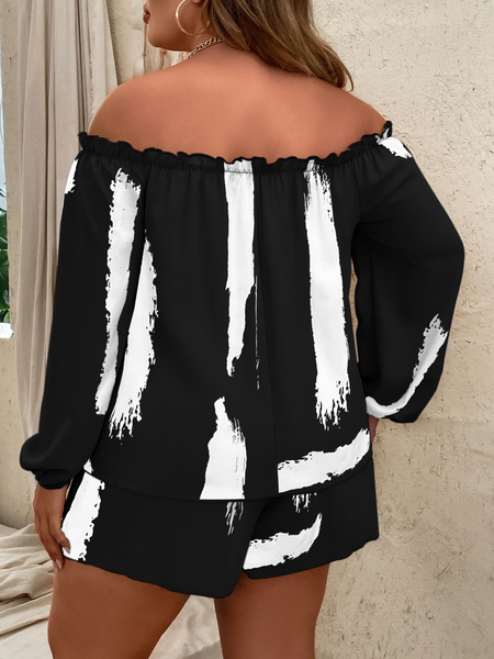 Black And White Printed Off the Shoulder Top & Shorts 2-PC Set