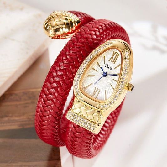 Snake Quartz Watch, Diamond Leather Strap