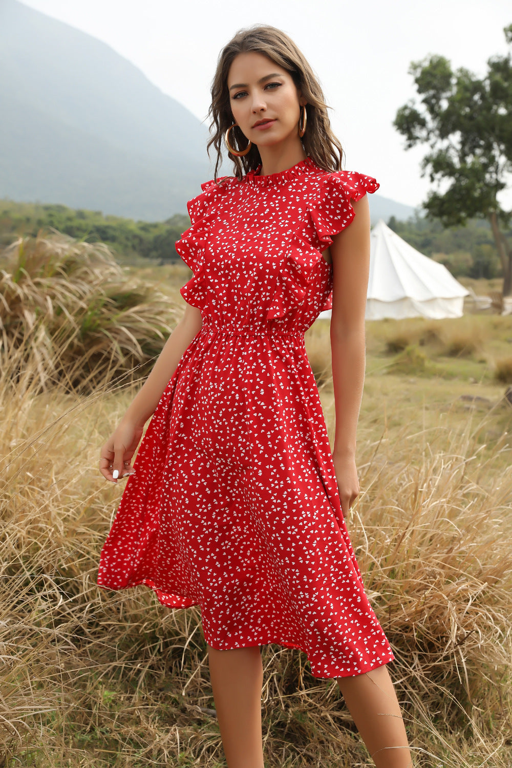 Red polka dot chiffon Dress