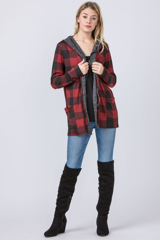 Buffalo Plaid Hooded Cardigan