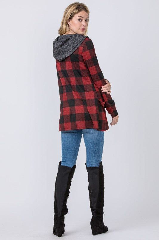 Buffalo Plaid Hooded Cardigan