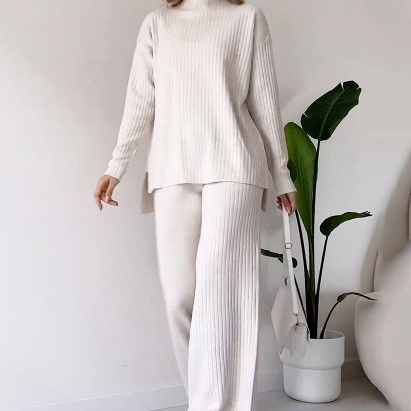 Turtleneck Knitted Suit Loose Split Design Long-sleeved Top And Straight Trousers Set