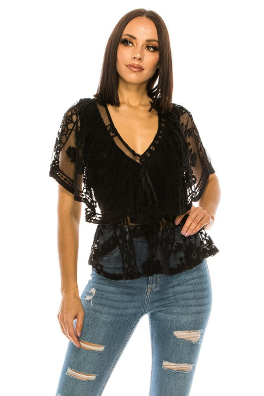 Lace V-Neck Black Top