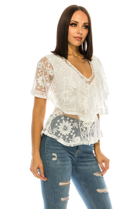 Lace White V-Neck Top