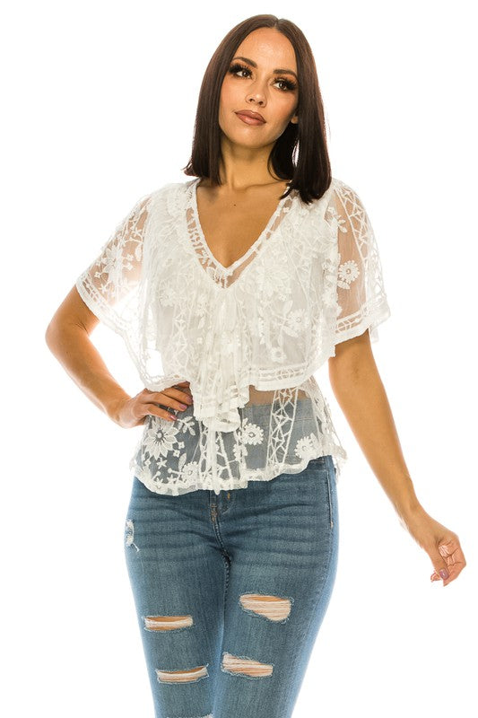 Lace White V-Neck Top