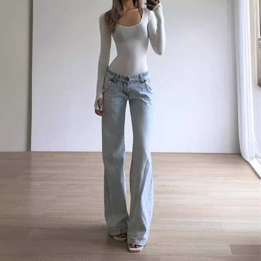 Retro Light Blue Low Waist Loose Draggle-tail Jeans