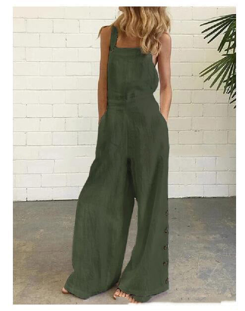 Retro Side Pocket Casual Wide-Leg Side Buckle Jumpsuit