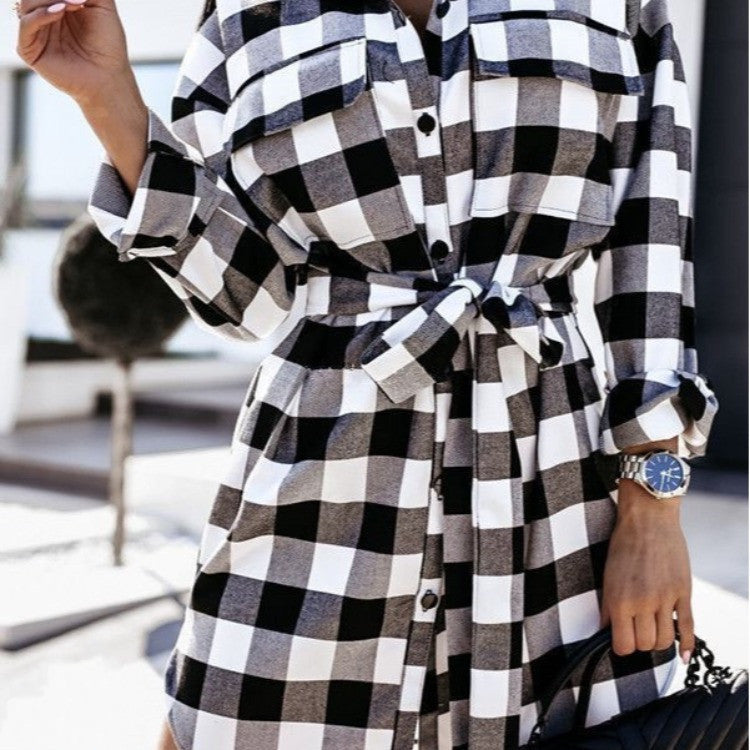 Long Sleeve Black and White Check Shirt Dress