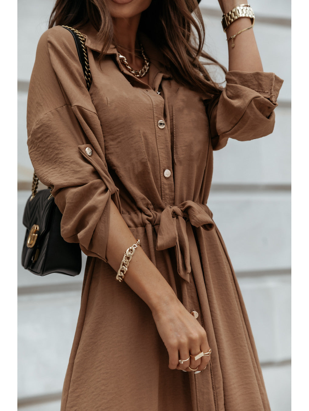 Long Sleeve Mid-length Lace Up Dress