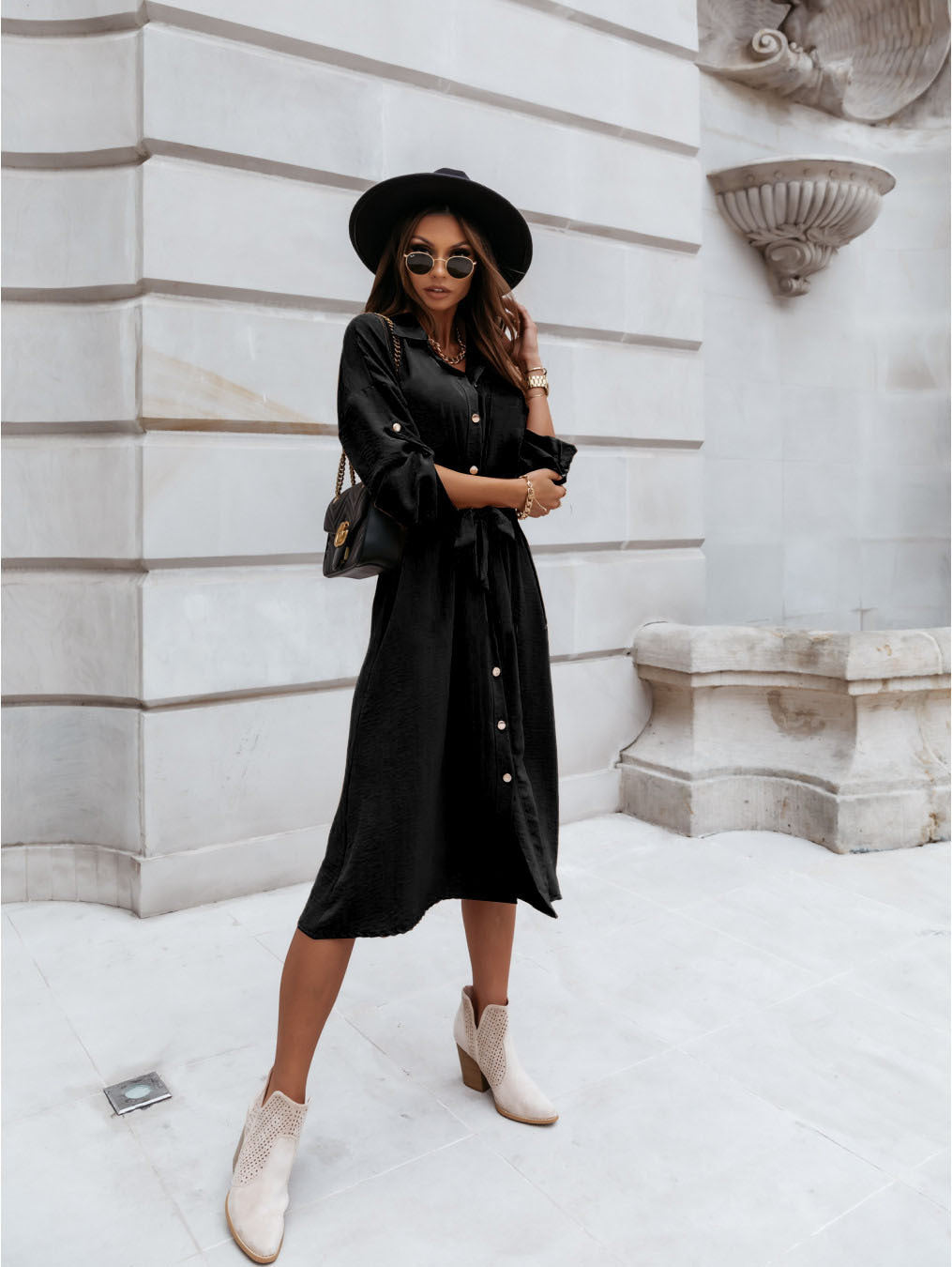 Long Sleeve Mid-length Lace Up Dress