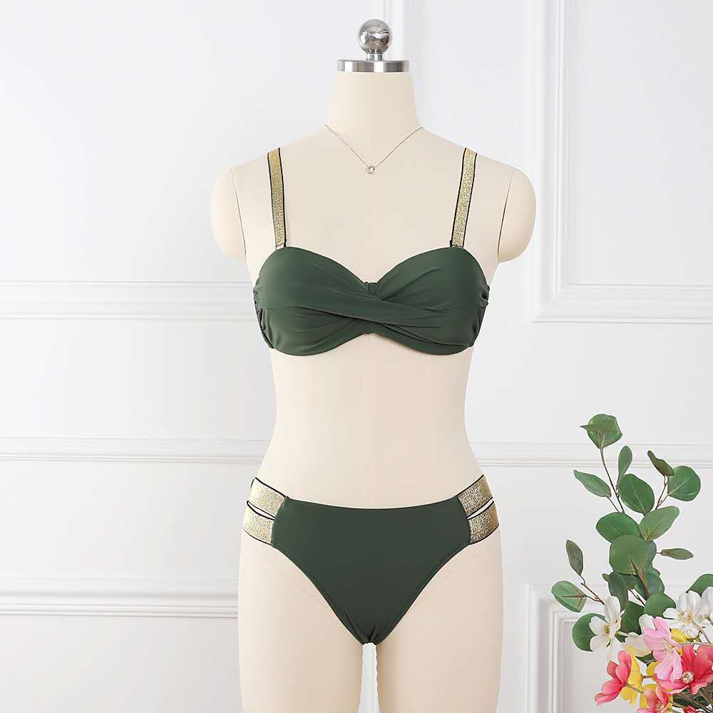 Solid Color Mid-Waist Bandeau Gather Cup Bikini