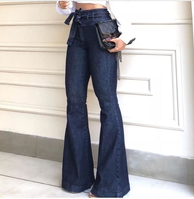 High-Rise Micro-Elastic Lace-Up Flared Wide-Leg Jeans