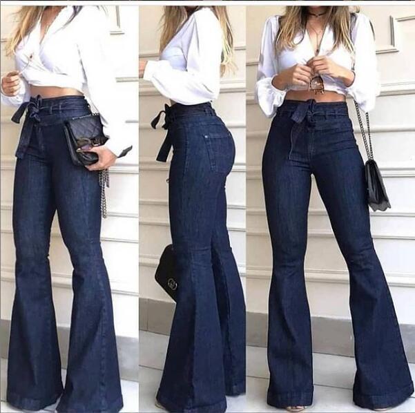 High-Rise Micro-Elastic Lace-Up Flared Wide-Leg Jeans